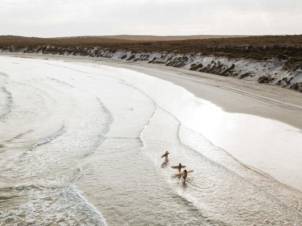 Sparkling set of waves with surfers on the beach